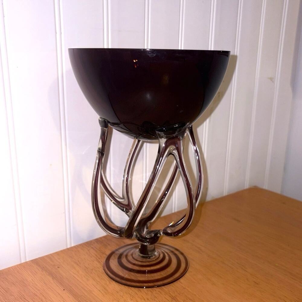 Vintage Jozefina Krosno Amethyst Jellyfish Art Glass Pedestal Compote Bowl Large